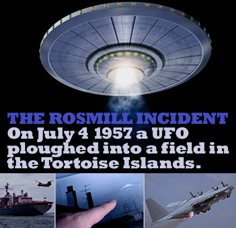 graphic of the 1957 incident showing a ufo, a warship, a jet and an eyewitness photo